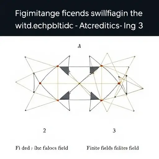 A visual representation of the theoretical structure of finite fields (Galois fields) with characteristics 2 and 3. The image should depict abstract geometric shapes and patterns that symbolize the algebraic structures and properties of these fields. Use a minimalist and precise design to convey the mathematical concepts, with different colors or shapes to distinguish between the characteristics 2 and 3.