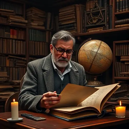 A contemplative scholar in a dimly lit, antique study surrounded by towering shelves of old manuscripts and scientific texts. The scholar, wearing a tweed jacket and spectacles, is seated at a wooden desk with a quill in hand, gazing thoughtfully at a partially unfolded parchment that hints at complex equations and diagrams. In the background, a large, aged globe and a brass astrolabe rest on a shelf, symbolizing the universal scope of the theory. Soft candlelight casts gentle shadows, creating