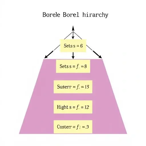 depict a stylized, abstract representation of the Borel hierarchy in descriptive set theory, showing nested sets and levels, with arrows indicating construction of higher class Borel functions, using symbolic shapes and color gradients, no textual labels
