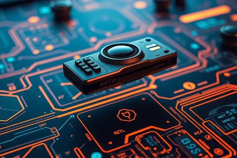 A sleek, futuristic spy gadget floating above a high-tech control panel, with subtle glowing lines and circuitry patterns, representing advanced espionage technology influencing global events, no text or numbers visible