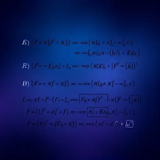 A complex mathematical equation representing analytical differential equations, with interconnected lines and symbols suggesting solutions and relationships. The background should be a gradient of deep blues and purples, conveying a sense of depth and theoretical exploration. Focus on visual representation of the equation's structure rather than specific numerical values.