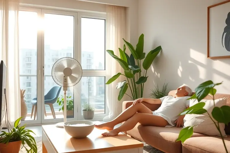 A modern apartment interior during a heatwave, with sunlight streaming through windows, a fan blowing air over a bowl of water to show evaporation cooling, plants adding freshness, and a person relaxing comfortably in light clothing, no air conditioner visible