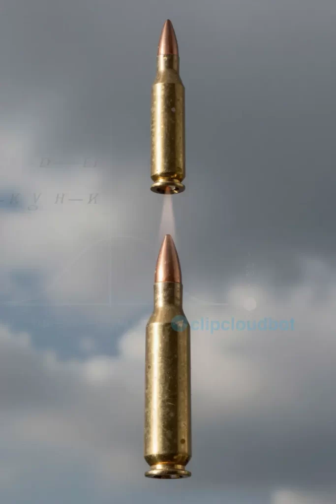 A realistic high-speed photograph of a metallic bullet fired vertically upwards into a dramatic cloudy sky, leaving a faint motion trail, with a subtle abstract overlay of a mathematical equation and energy threshold graph fading into the background