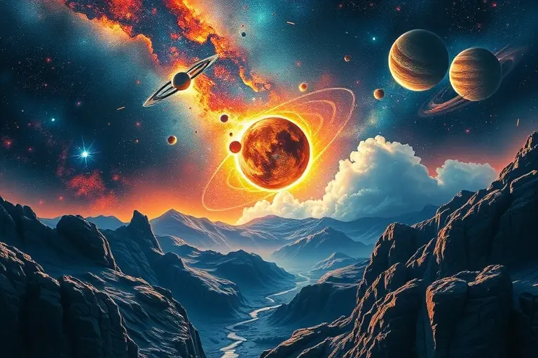 A cosmic landscape depicting the early universe with a focus on the formation of matter and antimatter. Show the interaction of quarks and D-mesons in a visually abstract manner, using vibrant colors and dynamic shapes to represent particle interactions. Include a sense of vastness and mystery to symbolize the unresolved questions about baryon asymmetry.