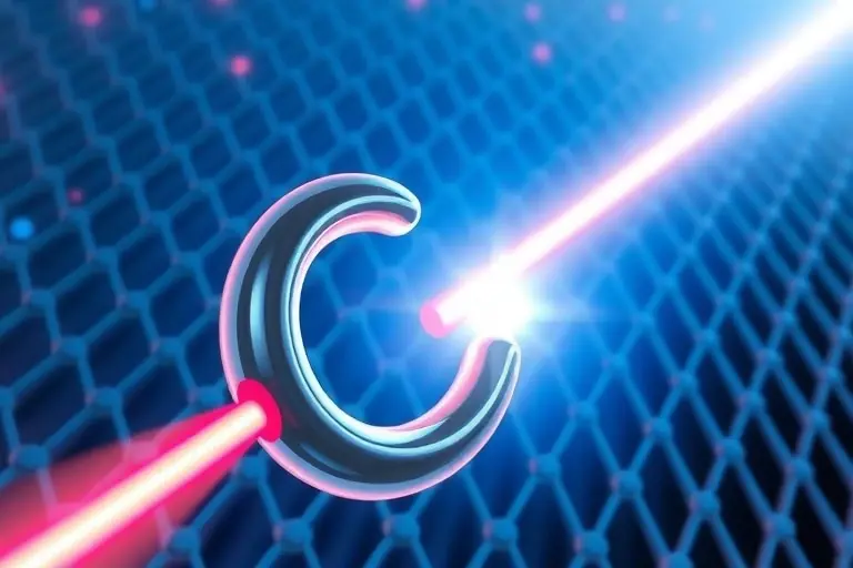 A high‑resolution scientific illustration of a photonic hook: a tightly confined, subwavelength curved light beam bending around a nanoscale dielectric particle or waveguide, showing the characteristic hook shape with smooth curvature less than the wavelength. The scene includes a subtle background of nanophotonic structures (e.g., a lattice of nano‑rods) to emphasize the subwavelength curvature concept, rendered in vivid, realistic lighting and shading to highlight the electromagnetic field dis