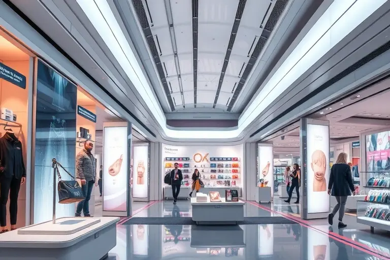 A futuristic shopping mall with glowing displays showcasing various products, some with subtle, otherworldly designs. The overall atmosphere is clean and modern, with a hint of advanced technology. Focus on the products themselves, not the people.