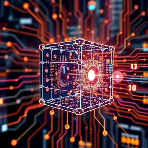 An abstract illustration of quantum computing concepts, focusing on the theoretical foundations of quantum supremacy in the context of factorization problems. The image should depict a quantum computer with qubits represented as interconnected nodes or circuits, illustrating the process of mathematical reduction of factorization to period finding. Use a futuristic and scientific aesthetic with a focus on the interplay between classical and quantum computational elements.