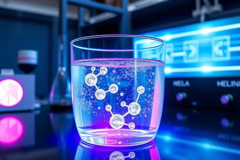 A futuristic laboratory scene showing terahertz radiation generation in liquid environments, with visible electromagnetic waves interacting with water molecules in a transparent container, glowing blue and violet light patterns representing terahertz frequencies, scientific instruments like lasers and waveguides in the background, high detail, realistic rendering, no text or labels