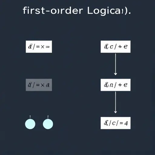 A visual representation of first-order logic with quantifiers. Depict a set of objects with labels indicating variables and quantifiers (∀, ∃) hovering above them. Show relationships between objects using arrows or lines to represent predicates. Use a clean, minimalist design with a focus on clarity and precision.