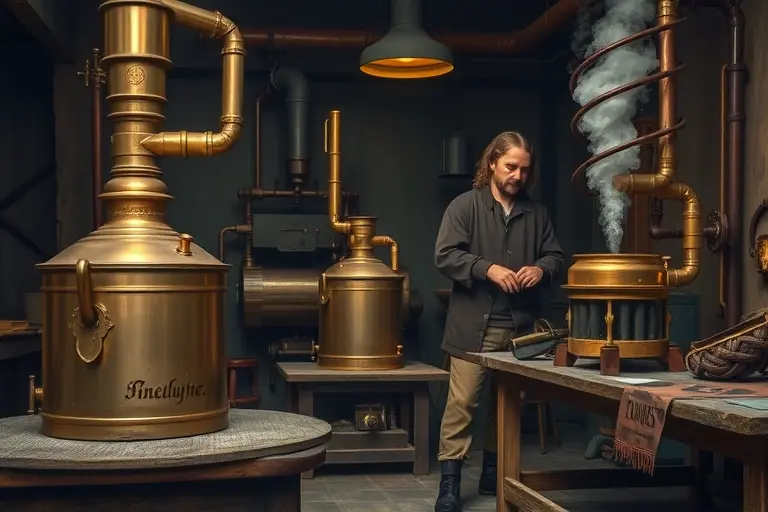 A 17th-century mechanical scene depicting Denis Papin and Thomas Savery working with early steam engines, showing a brass boiler, a piston cylinder, and a vacuum chamber with steam rising, in a dimly lit workshop with wooden tables, leather bellows, and copper pipes, historical scientific atmosphere, no people other than the two inventors, no modern elements