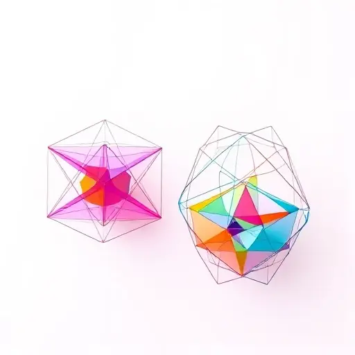 An abstract representation of the transition from quaternions to octonions, showcasing the loss of associativity. Depict a geometric progression where the initial structure is orderly and symmetric, representing quaternions, gradually becoming more complex and less orderly as it transitions to octonions. Use vibrant colors and dynamic shapes to illustrate the mathematical concepts, with a focus on the visual representation of non-associative operations.