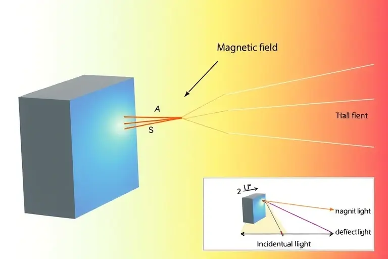 A visual representation of the optical Hall effect, showing a thin film of a material with a magnetic field applied perpendicular to the film. The incident light beam is depicted entering the film at an angle, and the resulting deflection of the light beam due to the Hall effect is shown. The image should include a schematic diagram of the experimental setup, with labels for the magnetic field, incident light, and deflected light. The colors should be realistic and the lighting should highlight
