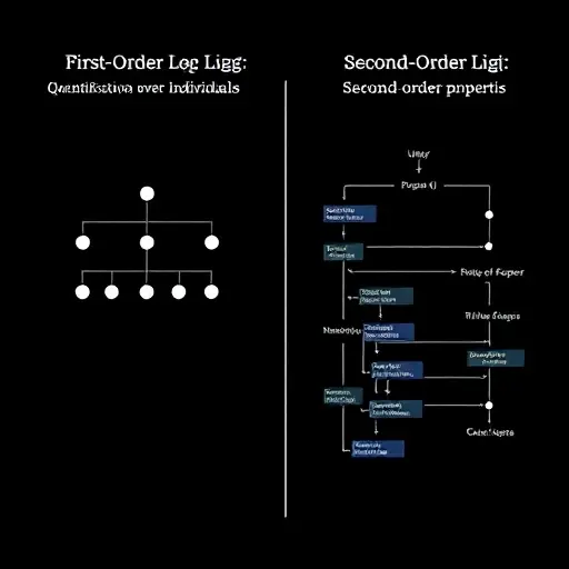An abstract visual representation contrasting first-order and second-order logic, focusing on the domain of quantification: on the left, a simple hierarchical structure of individual objects (like dots or small circles) connected by unary and binary relations (lines and arrows), labeled 'First-Order Logic: Quantification over Individuals'; on the right, a more complex structure showing sets of individuals, properties of properties, and relations between sets (higher-level nodes and links), label