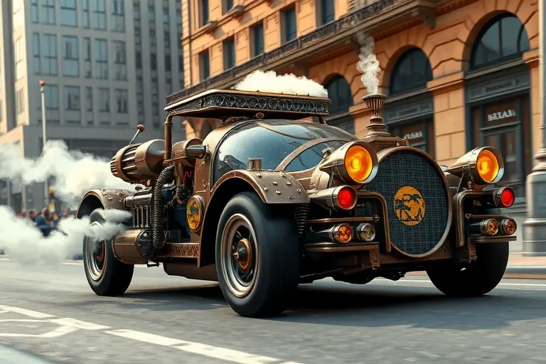 A futuristic steam-powered car with intricate mechanical details, emitting steam from its exhaust pipes, driving on a modern city street with a mix of old and new architecture. The car should have a vintage design with advanced technology elements, such as glowing mechanical parts and steam-powered engines.