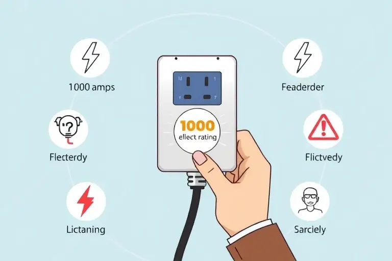 A high-quality illustration showing a person safely holding an electrical plug with visible 1000-amp rating, surrounded by icons of lightning bolts and safety symbols, with a clean background and educational context
