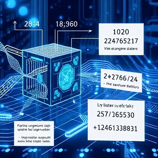A conceptual illustration of quantum computing principles applied to factorization problems. Depict a quantum computer with qubits in superposition, entangled states, and quantum gates performing calculations. Show a visual representation of the factorization process, such as breaking down a large number into its prime factors. Include abstract elements like waves and particles to symbolize quantum mechanics. Use a futuristic and scientific aesthetic with a focus on clarity and precision.