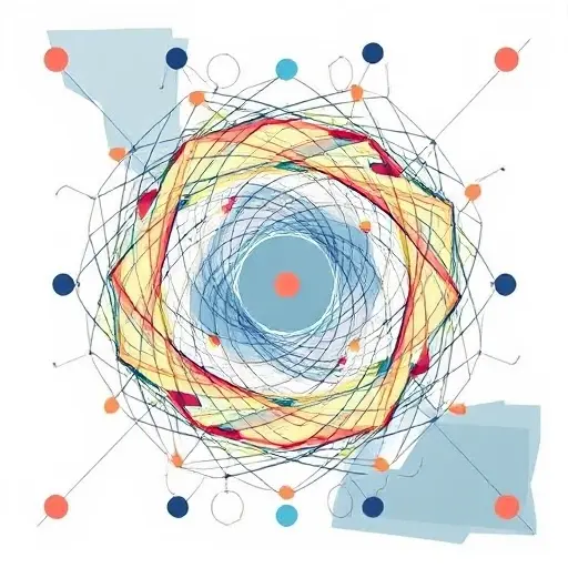 An abstract illustration representing the Grelling-Nelson paradox and its connection to set theory and Russell's antinomy. The image should depict a complex, intertwined network of sets and elements, with a central focus on a self-referential loop or paradoxical structure. Use geometric shapes and lines to convey the abstract nature of the paradox, with a color scheme that emphasizes the intricate and interconnected relationships within the sets.