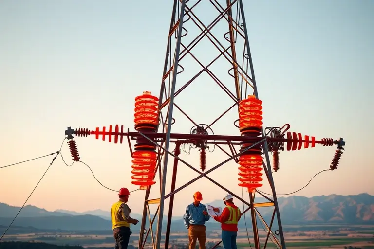 A high-voltage transmission line tower with glowing insulators and bright electrical arcs, showing workers in safety gear consulting technical diagrams, set against a clear sky with distant mountains, emphasizing the concept of raising voltage in power lines