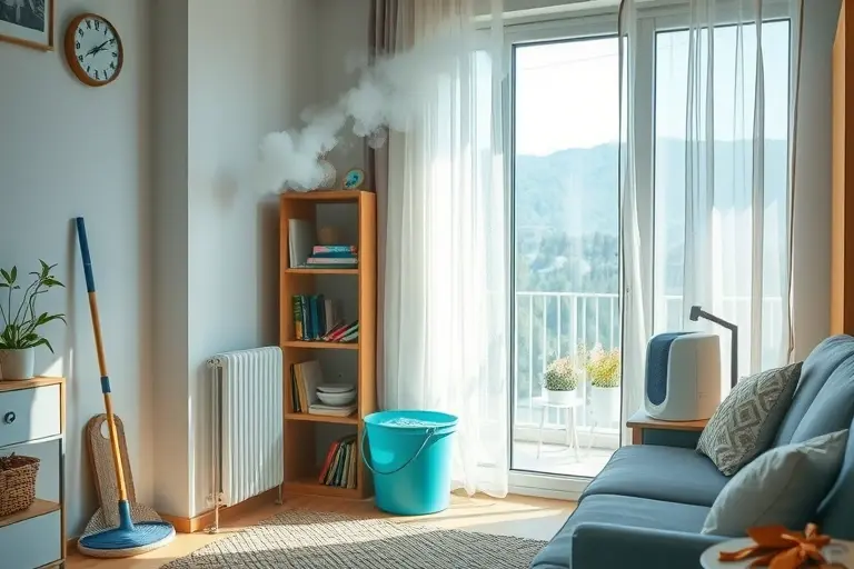 A cozy, well-ventilated apartment interior during a heatwave, with a damp mop and bucket in the corner, a humidifier releasing mist near a window, sheer curtains gently moving from a breeze, and cool-toned decor to suggest comfort and optimal microclimate