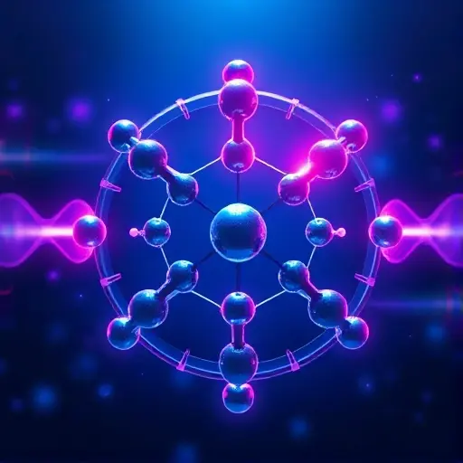 A conceptual scientific visualization of molecular spectroscopy and group theory. An abstract representation of a complex molecule with symmetrical geometric bonds, surrounded by glowing mathematical symmetry operations and orbital shapes. Shimmering spectral lines and energy level transitions in the background, ethereal light rays, quantum wave functions, deep blue and violet color palette with neon accents, cinematic lighting, high detail, scientific art.