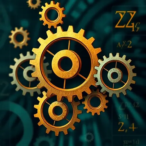 A visually appealing representation of the concept of fractional calculus. Depict interconnected gears of varying sizes, symbolizing the different orders of fractional derivatives. The gears should be arranged in a dynamic, flowing pattern, suggesting the continuous nature of fractional operations. Use a color palette of deep blues, greens, and golds to convey complexity and precision. In the background, subtly incorporate mathematical symbols like the Riemann-Liouville fractional derivative not