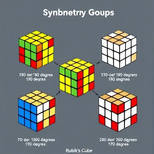 A visual representation of a Rubik's Cube with its symmetry group elements depicted through various rotations and transformations. The image should show the cube in different states to illustrate the group operations, such as 90-degree, 180-degree, and 270-degree rotations of its faces. The focus should be on the geometric and algebraic properties of the cube's symmetries.