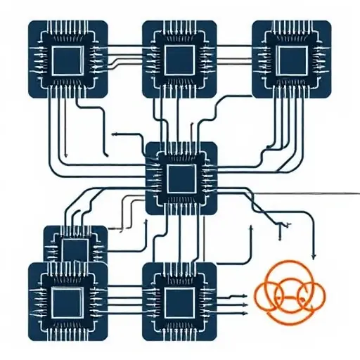 An abstract illustration combining elements of parallel computing and the Chinese Remainder Theorem: multiple interconnected processor units or cores arranged in a grid, with flowing data streams represented by curved lines linking them, and symbolic mathematical structures such as modular circles or overlapping rings that hint at congruence relationships, all rendered in a sleek, high‑detail technical style without any textual labels.