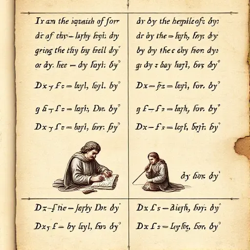 A historical illustration of a 17th-century mathematical manuscript showing Newton's and Leibniz's notation for infinitesimal calculus, with small figures of Newton and Leibniz writing on parchment, surrounded by tiny calculus symbols like dx and dy, rendered in a detailed, scholarly style reminiscent of smallHQ