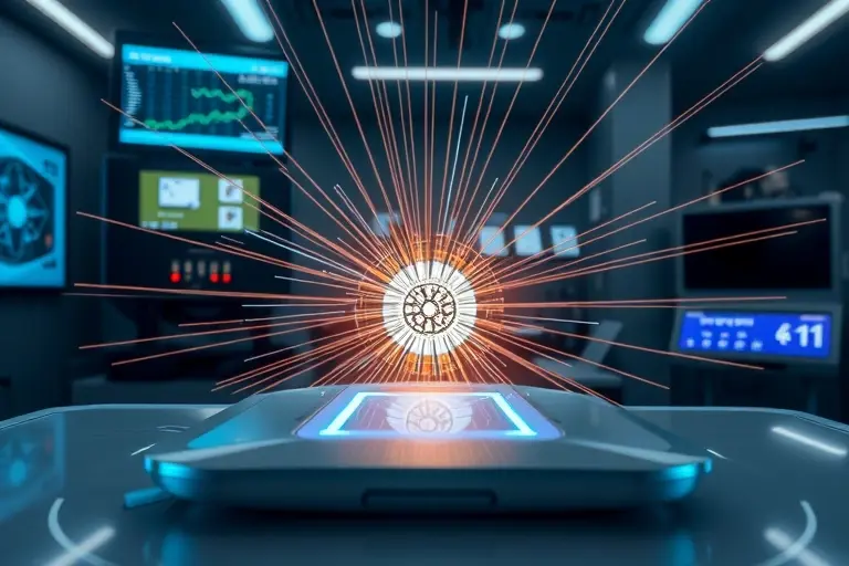 A futuristic device called a 'photon sieve' that appears to defy the laws of physics. The device should be depicted as a sleek, high-tech gadget with a glowing, intricate pattern of light beams emanating from it. The background should suggest a scientific or laboratory setting, with elements like holographic displays, advanced equipment, and a clean, modern aesthetic.
