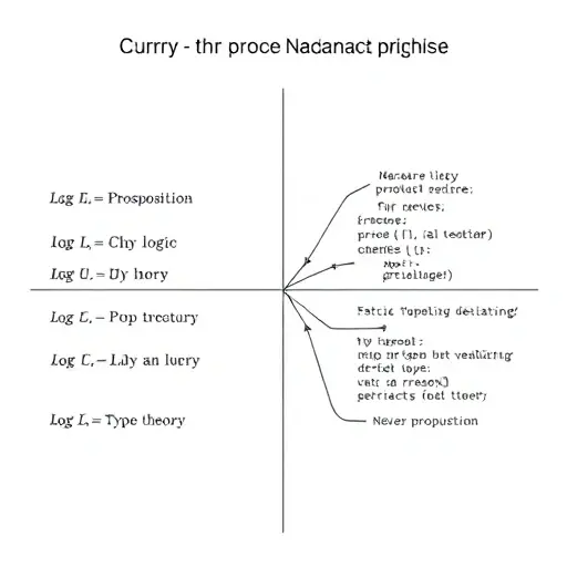 An abstract illustration representing the Curry-Howard isomorphism, showing a bridge between logic and type theory. On one side, depict logical propositions and proofs as mathematical symbols and structures. On the other side, show corresponding types and programs in a functional programming language. Use geometric shapes and connections to symbolize the relationship between proofs and programs.