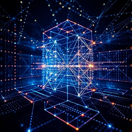 A conceptual high-tech visualization of Galois Fields GF(2) and GF(3). Abstract representation of binary and ternary digital structures, glowing interconnected nodes forming a complex mathematical lattice, shimmering holographic matrices of 0s and 1s blending into geometric patterns, deep blue and neon gold color palette, cinematic lighting, cybernetic aesthetic, representing cryptography and computational efficiency, 8k resolution, futuristic data visualization.