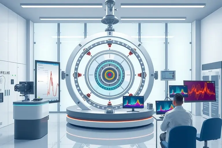 A compact desktop synchrotron accelerator in a modern laboratory setting, showing a circular electron storage ring with visible beam path, magnetic dipoles and quadrupoles, vacuum chamber, and electron gun injector, with scientists observing monitors displaying synchrotron radiation spectra; clean, technical, educational illustration style, no text or labels
