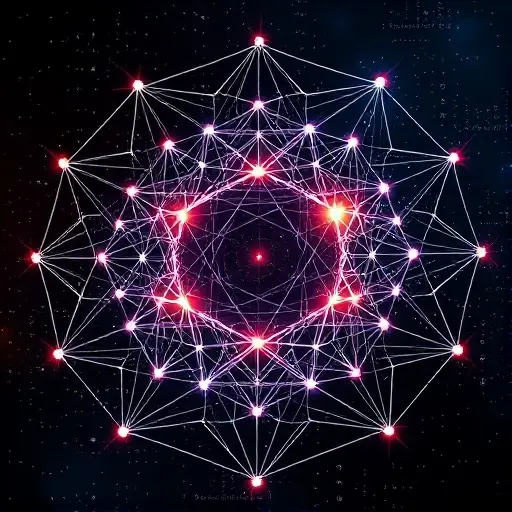An abstract conceptual visualization of algebraic structures and Galois fields. Interconnected geometric nodes and crystalline lattices forming complex symmetrical patterns. Glowing mathematical manifolds, non-numeric symbols and ethereal lines representing field characteristics 2 and 3. A deep cosmic background with shimmering light particles, futuristic digital art style, high contrast, mathematical elegance, 8k resolution.