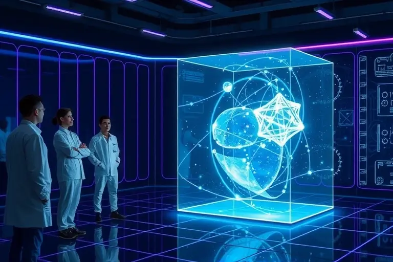 A futuristic laboratory scene showing scientists observing a glowing, crystalline quantum state of matter floating in a transparent containment field, with abstract quantum wave patterns and particle trails surrounding it, set against a dark background with subtle neon blue and violet lighting, emphasizing scientific discovery and abstract physics concepts