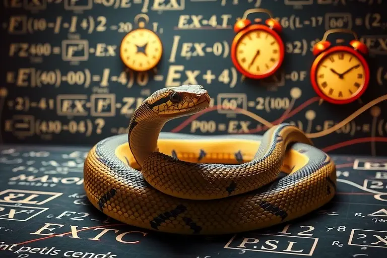A python snake coiled around a complex physics equation board, with floating paradox symbols like Schrödinger's cat, twin paradox clocks, and Maxwell's demon in the background, surreal scientific atmosphere, hyper-detailed, cinematic lighting