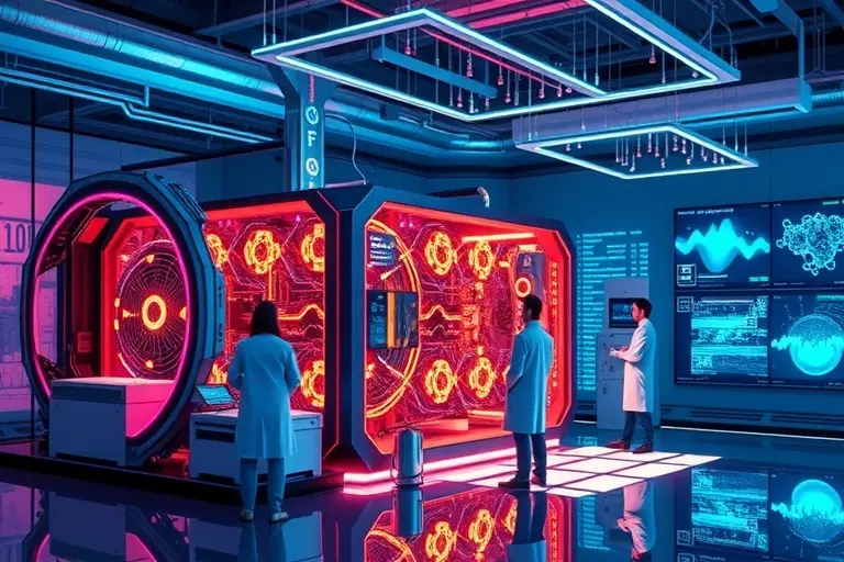A futuristic laboratory setting showcasing advanced quantum computing technology. The scene should include a high-tech quantum computer with intricate, glowing components that suggest the use of fractional excitons. Scientists in lab coats are interacting with the equipment, surrounded by holographic displays and floating data visualizations. The environment should have a sleek, modern design with a color palette of blues, purples, and silvers to emphasize the cutting-edge nature of the technolo