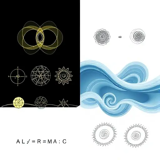 A split composition illustrating the distinction between algebraic and transcendental numbers: the left side shows elegant geometric shapes such as intersecting polynomial curves, nested root-like spirals, and symmetrical patterns symbolizing algebraic numbers; the right side features flowing, infinite, non-repeating forms like a golden spiral, a smooth wave, and a chaotic fractal pattern representing transcendental numbers. The overall scene is balanced, abstract, and devoid of any textual elem