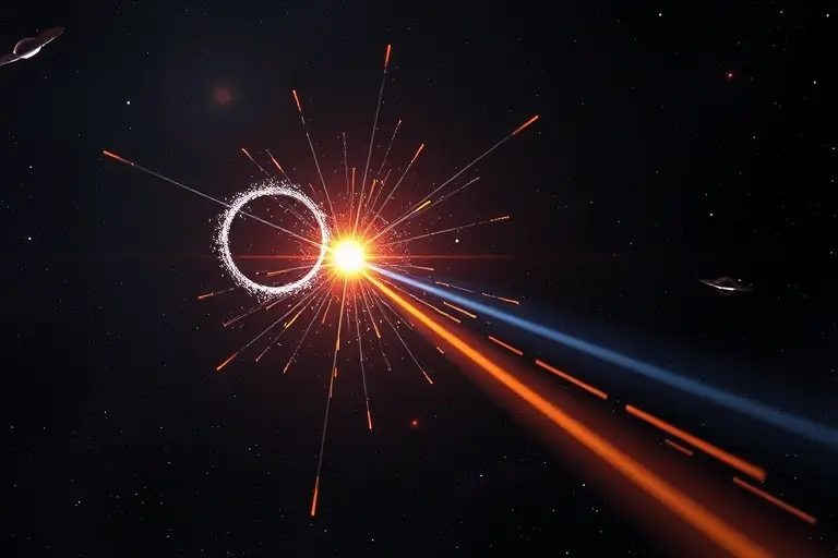 A cosmic ray particle traveling through space, colliding with a photon from the cosmic microwave background, creating a high-energy particle shower in the vacuum of space, with abstract representations of energy waves and particle trajectories, dark cosmos background with faint starlight
