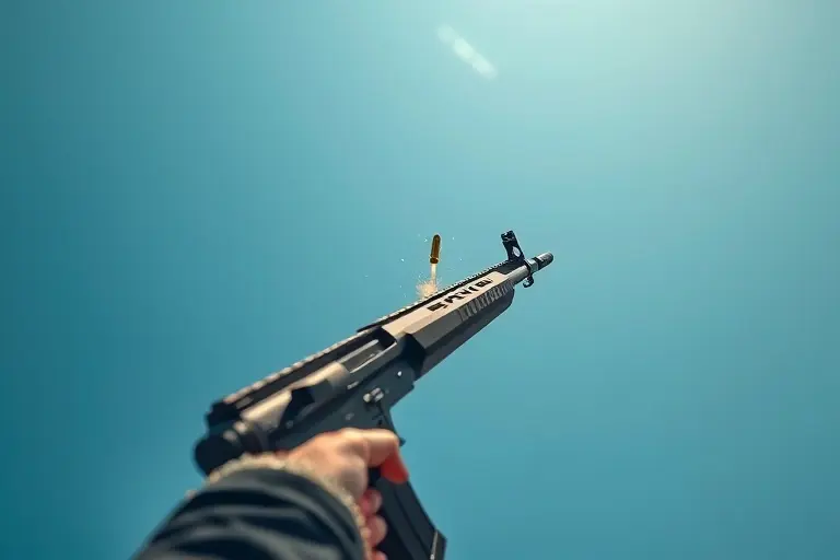 A realistic depiction of a person firing a rifle straight upward into a clear blue sky, with visible bullet trajectory, muzzle flash, and atmospheric perspective showing distance; the scene emphasizes physics of ballistics and gravity, with subtle motion blur on the bullet and faint shockwave distortion in the air, no text, no labels, no symbols, no people's faces visible, just the weapon, sky, and projectile path