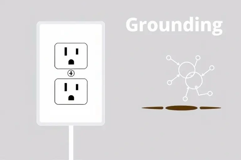 A clear illustration showing a household electrical outlet with a grounding symbol (three-prong plug with earth pin) and a simple diagram of electrons flowing safely into the ground, emphasizing safety and grounding concept without any text or letters