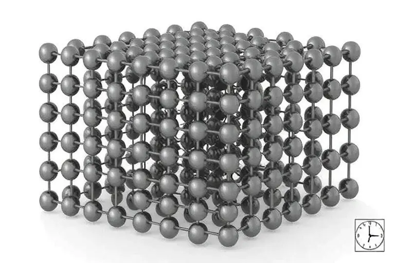 A high-quality scientific illustration showing a two-dimensional time crystal concept, featuring a grid of particles arranged in a repeating pattern that represents temporal periodicity, with subtle visual cues of time translation symmetry breaking, rendered in a clean, detailed style suitable for academic visualization