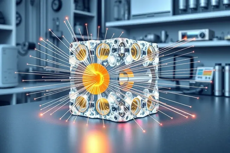 A scientific illustration showing coexistence of magnetism and superconductivity in gallium, with a crystalline gallium structure exhibiting magnetic field lines penetrating in a controlled manner while maintaining superconducting properties, surrounded by subtle energy fields representing protected superconductors, in a laboratory setting with minimal equipment, high detail, scientific accuracy