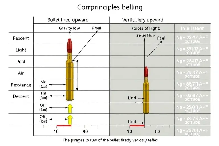 A comparative table illustrating the principles of a bullet fired vertically upward, showing phases of flight: ascent, peak, and descent, with labeled forces such as gravity, air resistance, and velocity changes, scientific diagram style, no text or numbers