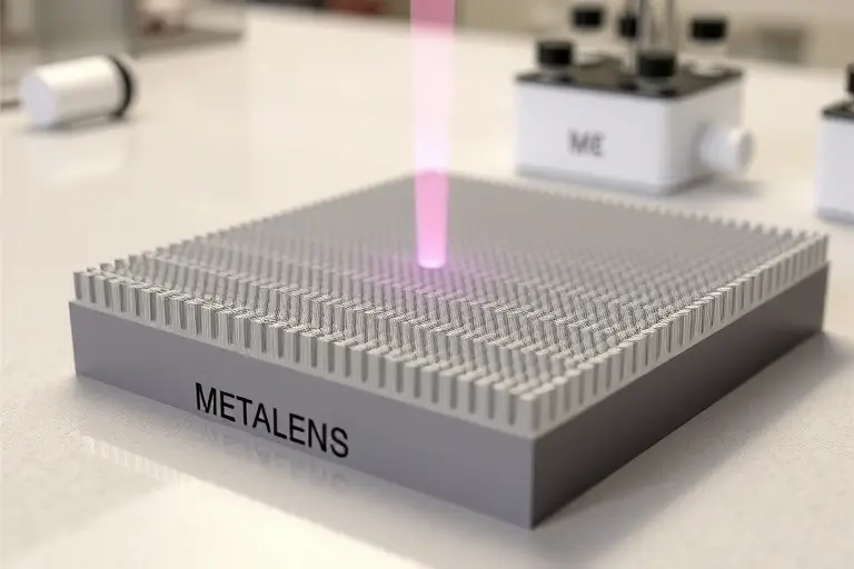 A detailed illustration of a metalens showing its flat surface covered with an array of subwavelength nanostructures (such as nanopillars or nanofins) made of dielectric material like titanium dioxide, focusing a plane wave of light to a single point, with clear visualization of phase modulation across the lens surface, set against a clean laboratory or optical bench background, emphasizing the flatness and nanoscale precision of the device