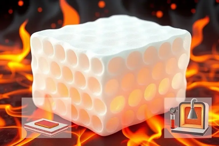 A detailed scientific illustration of a translucent, white refractory aerogel material with a porous, foam-like structure, placed in a high-temperature environment with stylized flames or heat waves surrounding it to emphasize its fire‑resistant properties; include subtle visual cues of its applications such as a cross‑section of a spacecraft heat shield, an industrial furnace lining, and a laboratory test setup, all rendered in a realistic, high‑resolution style without any text or human figure