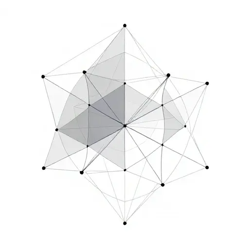 Abstract geometric representation of Banach and Hilbert spaces. Depict two interconnected, complex, multi-dimensional spaces. One space should have a more rigid, structured appearance, while the other should appear more fluid and interconnected. Use visual metaphors to represent concepts like convergence, completeness, and orthogonality. The spaces should subtly interact, suggesting the relationship between them. Focus on visual harmony and balance.