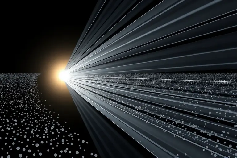 A detailed scientific illustration of coherent backscattering of light: a semi-transparent medium filled with microscopic particles, incoming parallel light rays entering from the left, multiple scattering paths inside the medium, and a pronounced bright cone of light emerging back toward the source on the left side, showing interference of reciprocal paths, with subtle wavefronts and a faint halo indicating the echo-coherence effect, rendered in realistic high‑detail style without any text, sym