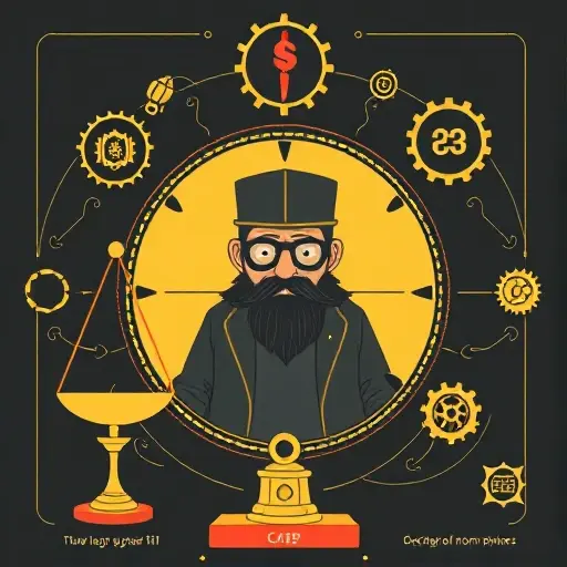 A stylized illustration of a paradoxical mob boss in a deontological logic diagram, showing mechanisms of norm updating, with symbolic elements like scales, gears, and abstract logic symbols, rendered in a smallHQ aesthetic