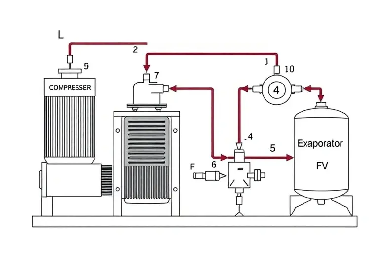 A schematic diagram of a vapor-compression refrigeration cycle, showing the four main components: compressor, condenser, expansion valve, and evaporator, with arrows indicating refrigerant flow, all in a clean, technical illustration style without text labels or numbers