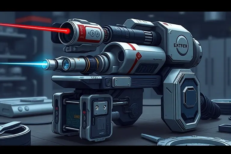 A detailed illustration of the "Лазерофон" constructor, showcasing its various components and futuristic design. The image should depict a collection of interconnected gadgets, including a laser device, a communication module, and a data storage unit, all rendered in a sleek, metallic aesthetic. The background should be a dark, slightly blurred environment suggesting a laboratory or workshop. Focus on intricate details and a sense of advanced technology.